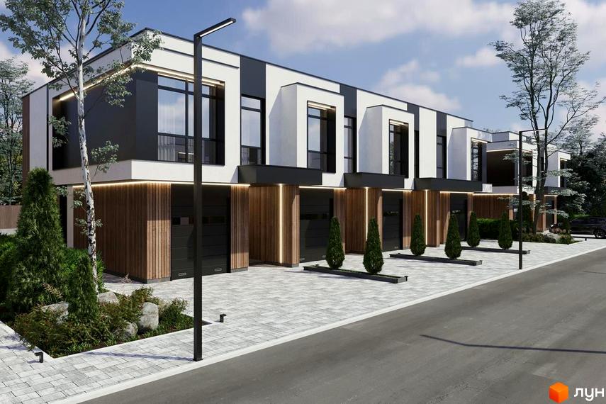 Котеджне містечко RAY-ELENOVKA: фасади будинків з панорамними вікнами та дерев'яними елементами, вимощені доріжки та зелені насадження.