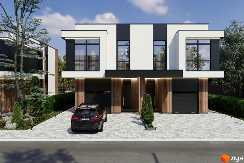 Котеджне містечко RAY-ELENOVKA: двоповерхові будинки з панорамними вікнами, гаражами та дерев'яними елементами фасаду, розташовані на брукованій ділянці з автомобілем та зеленими насадженнями.