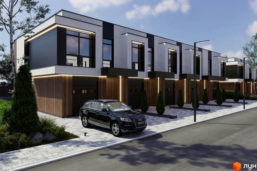 Котеджне містечко RAY-ELENOVKA. Зовнішній вигляд будинків з гаражами та великими вікнами, прибудинкова територія з бруківкою та деревами.