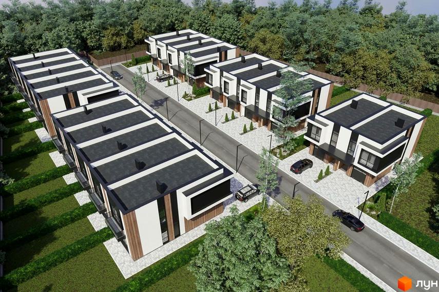 Котеджне містечко RAY-ELENOVKA: сучасні будинки з чорно-білими фасадами та пласкими дахами, розташовані вздовж дороги з доглянутими газонами та деревами.