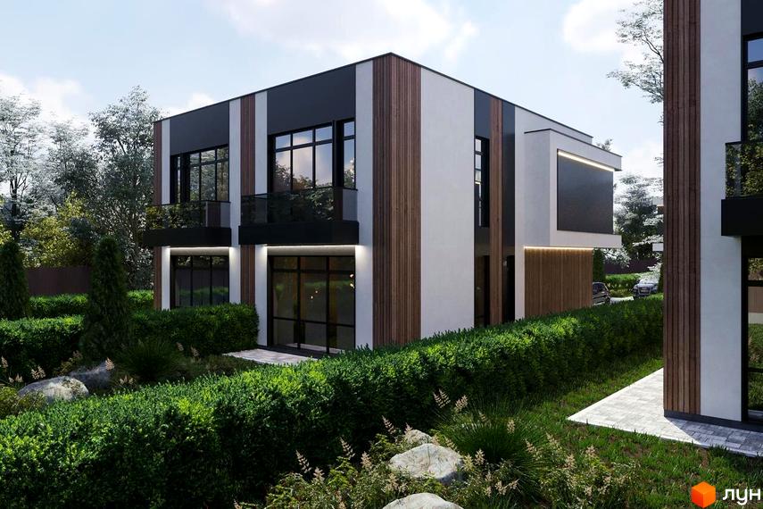 Котеджне містечко RAY-ELENOVKA: двоповерхові будинки з панорамними вікнами та дерев'яними елементами фасаду, оточені зеленню та доглянутим ландшафтом.