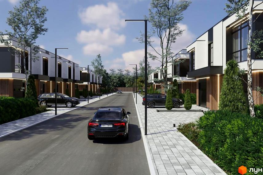 Котеджне містечко КМ RAY-ELENOVKA: сучасні будинки з панорамними вікнами та доглянутою прибудинковою територією з бруківкою та зеленими насадженнями.