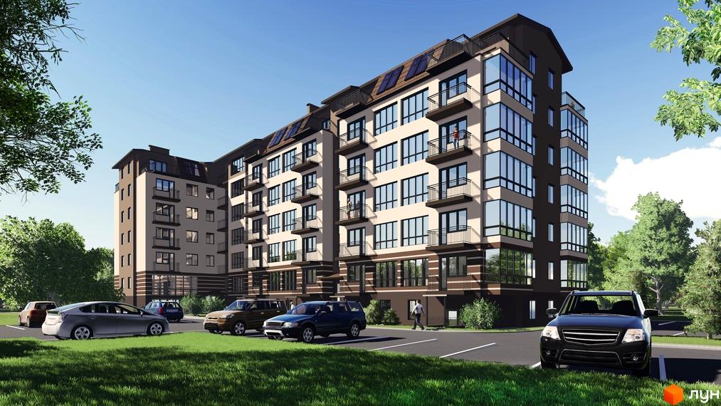 Зовнішній вигляд житлового комплексу на вул. Київська, 128, з парковкою та зеленими насадженнями. Багатоквартирний будинок з балконами та великими вікнами.