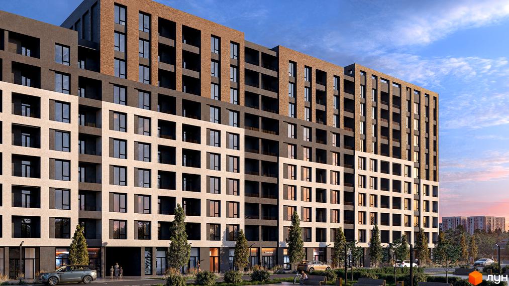 Житловий комплекс CONTINENT STREET з цегляним та сірим фасадом, балконами та великими вікнами. Прибудинкова територія з деревами та лавками.