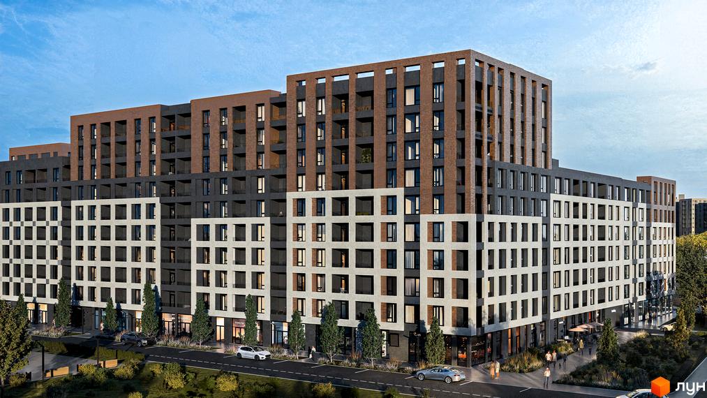 Зовнішній вигляд житлового комплексу CONTINENT STREET з цегляними та темними фасадами, білими віконними рамами та балконами. На прибудинковій території розташовані дерева та парковка.