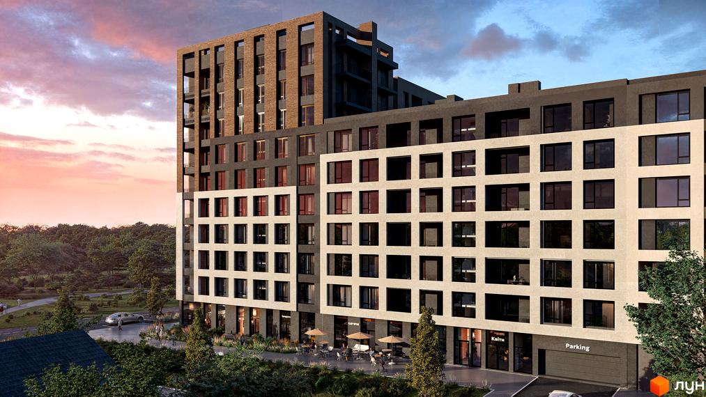 Житловий комплекс CONTINENT STREET з фасадами з цегли та бетону, великою кількістю вікон та балконів. На прибудинковій території розташовані зони відпочинку з парасольками та деревами.