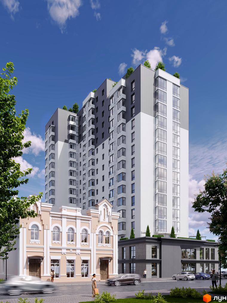 Зовнішній вигляд будинку ЖК Дім на Грушевського: сучасна архітектура, панорамні вікна та зелені зони. Опис прибудинкової території та зручностей.