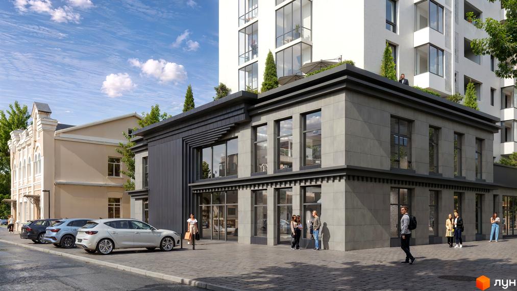 Зовнішній вигляд житлового комплексу Дім на Грушевського з сірою фасадною обробкою та великими вікнами, поруч припарковані автомобілі та люди на тротуарі.