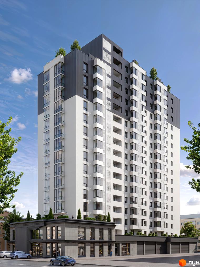 Житловий комплекс Дім на Грушевського. Сучасна новобудова з панорамними вікнами та терасами, з зеленими насадженнями на даху та прибудинковій території.