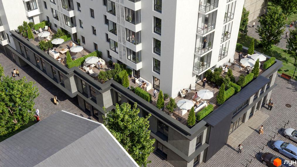 Житловий комплекс Дім на Грушевського з терасами та зонами відпочинку. Навколо будинку впорядкована прибудинкова територія з деревами та пішохідними доріжками.