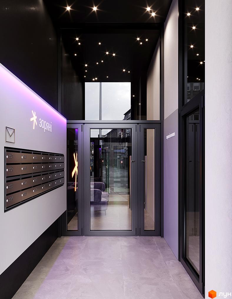 Вхідна група житлового комплексу Зоряні з поштовими скриньками та підсвіткою. Сучасний дизайн фасаду з великими вікнами.