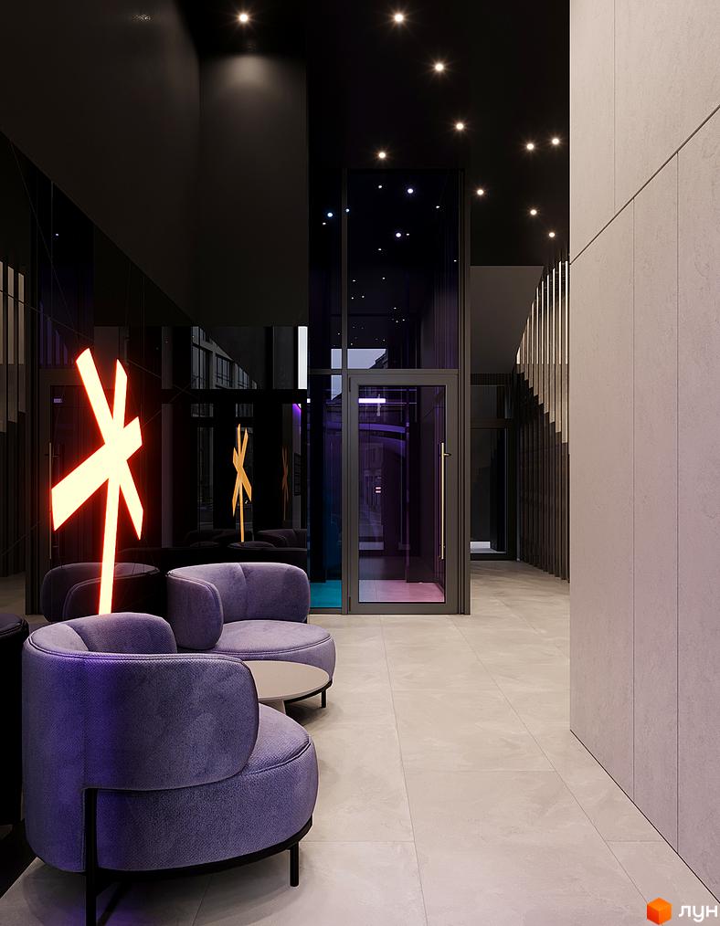 Інтер'єр лобі житлового комплексу Зоряні з фіолетовими кріслами та неоновою вивіскою. Сучасний дизайн простору з ліфтом та оздобленням стін.