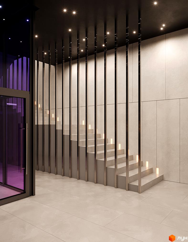 Сучасний вхід в житловий комплекс Зоряні з елегантною сходовою кліткою та підсвічуванням. Оцініть вишуканий дизайн та комфорт новобудови.