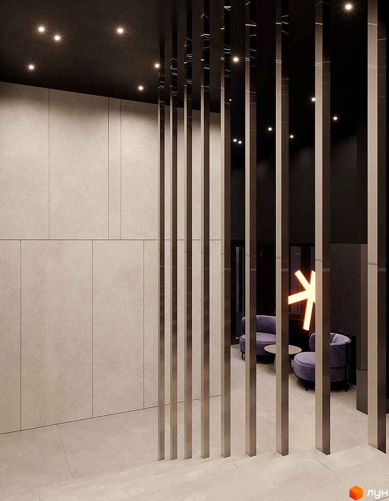 Інтер'єр холу новобудови Зоряні з елегантними сірими стінами та підлогою, розділений вертикальними рейками. У глибині видно зони відпочинку з фіолетовими кріслами.