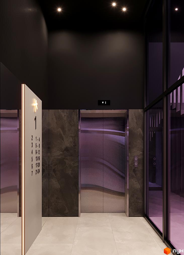 Житловий комплекс Зоряні: сучасний ліфт та покажчик поверхів. Зовнішній вигляд будинку з елементами скла та каменю.