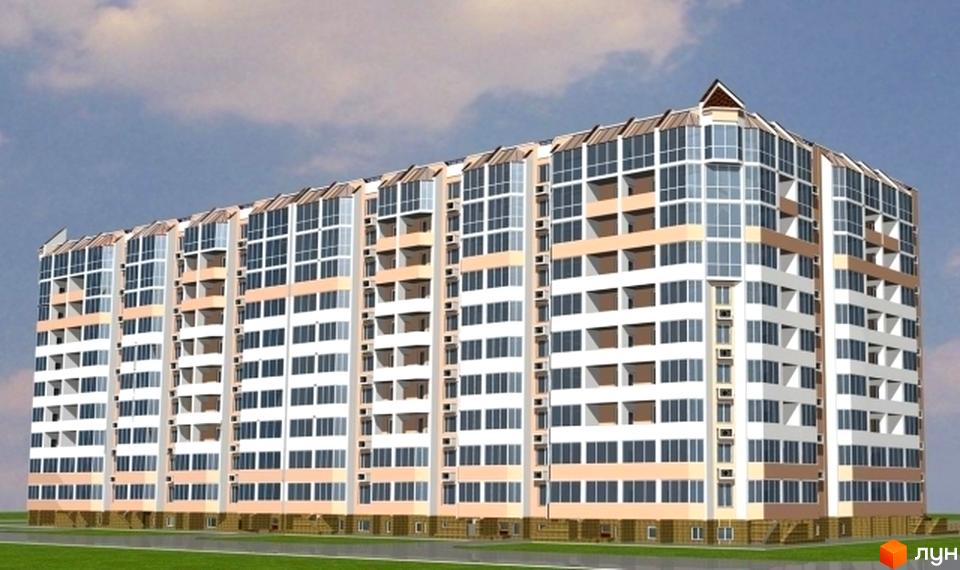 Житловий комплекс Дом у фонтана з великими вікнами та балконами. Прибудинкова територія з зеленими насадженнями та доріжками.