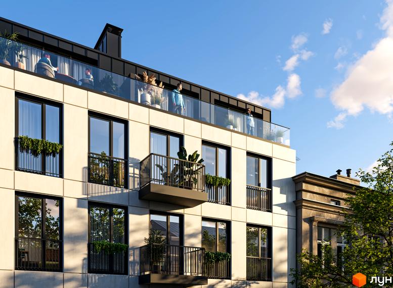 URBAN Residence: фасади будинку з балконами та великими вікнами, на даху розташовані тераси з відпочиваючими.