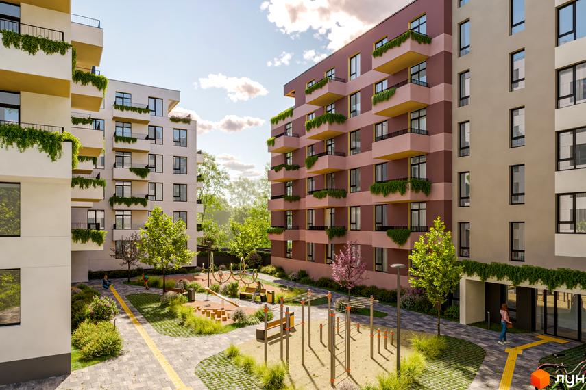 Зовнішній вигляд житлового комплексу MHouse з фасадами рожевого та бежевого кольору, зелені балкони та дитячий майданчик з спортивними елементами на прибудинковій території.