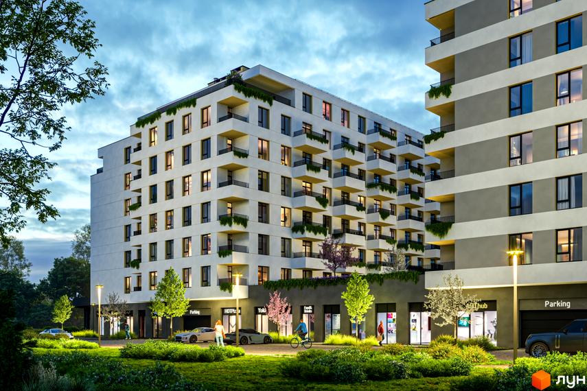 MHouse - житловий комплекс з білими фасадами та балконами, що виступають, оточений зеленою прибудинковою територією з деревами та освітленням.