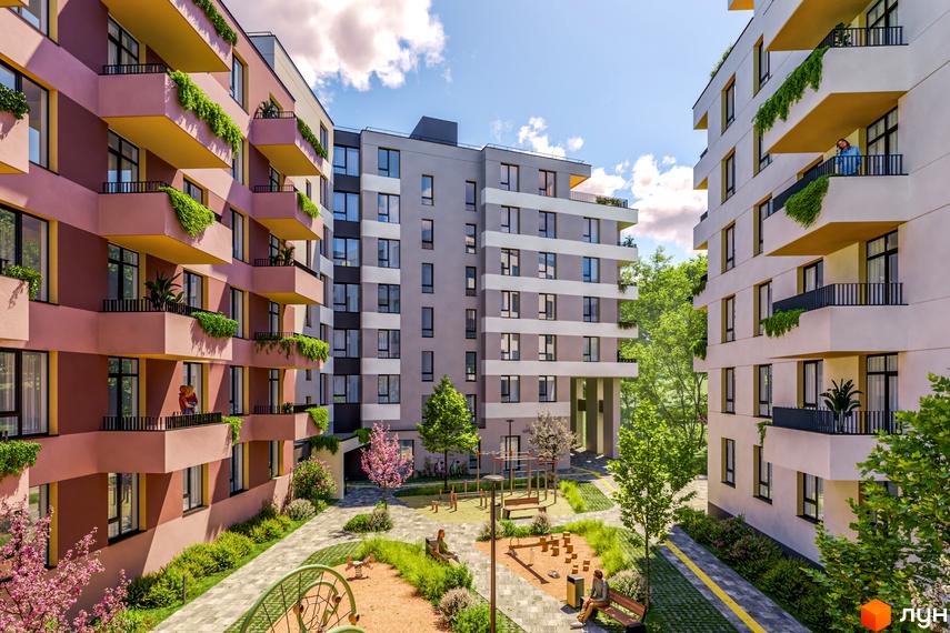 Фасади житлових будинків MHouse з балконами та зеленню, внутрішній двір з дитячим майданчиком та зонами відпочинку.