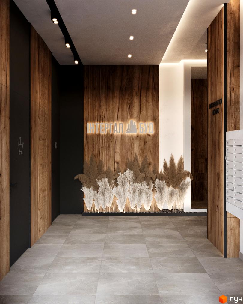 Інтер'єр холу новобудови ЖК City House з дерев'яними панелями та декором з сухоцвітів. Зовнішній вигляд будинку та прибудинкової території.