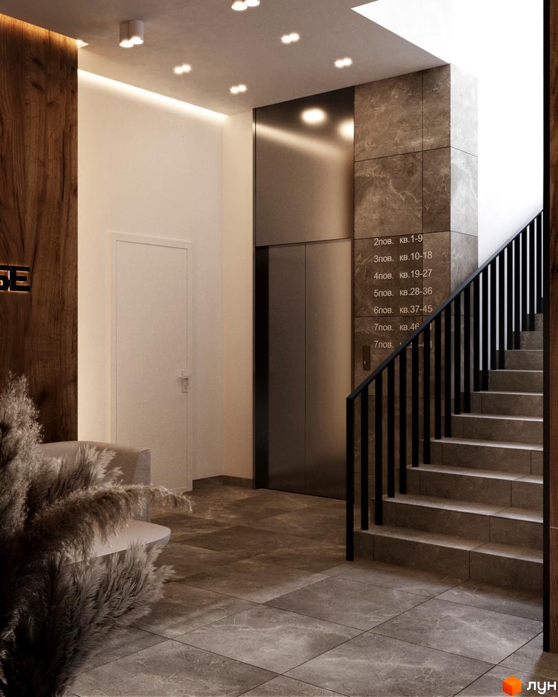 Сучасний хол житлового комплексу City House з дверима, ліфтом та сходами. Оздоблення натуральними матеріалами.