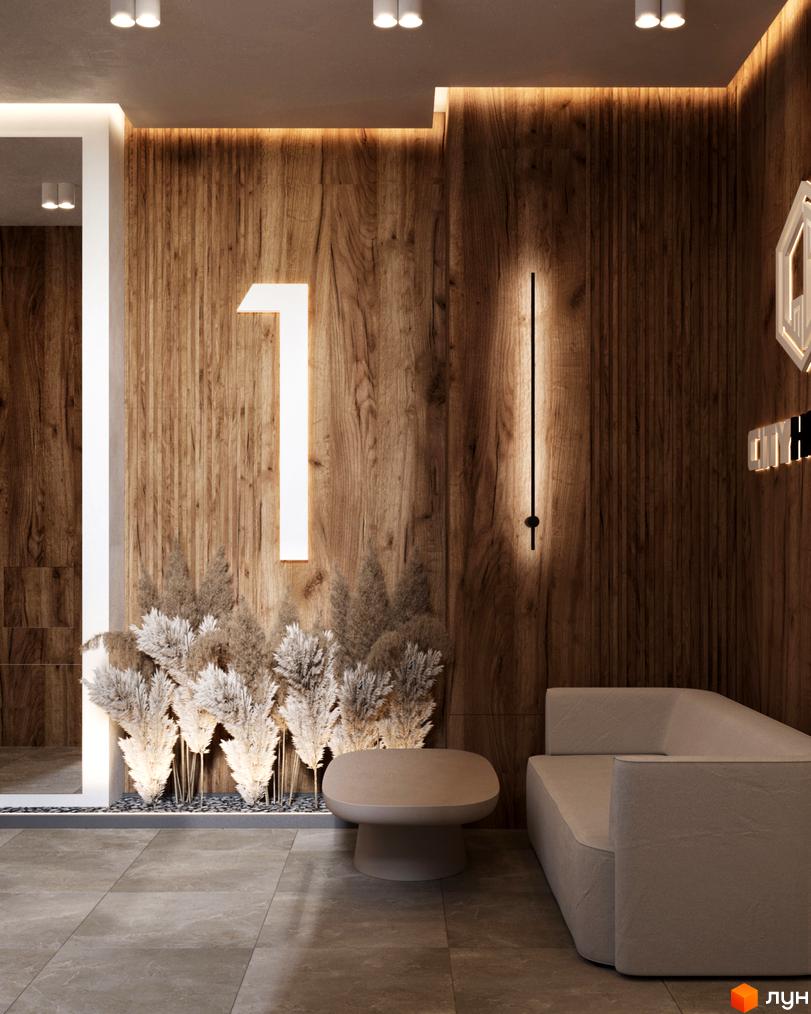 Сучасний дизайн фасаду житлового комплексу City House з дерев'яними панелями та підсвіткою. Біля входу розташовані декоративні рослини та зона відпочинку з диваном і столиком.