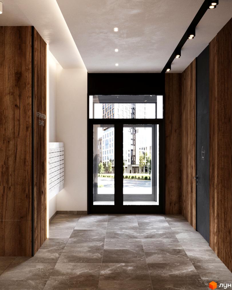 Сучасний вхід у житловий комплекс City House з дерев'яними панелями та поштовими скриньками. Зовні видно будівлі проєкту та зелену зону.