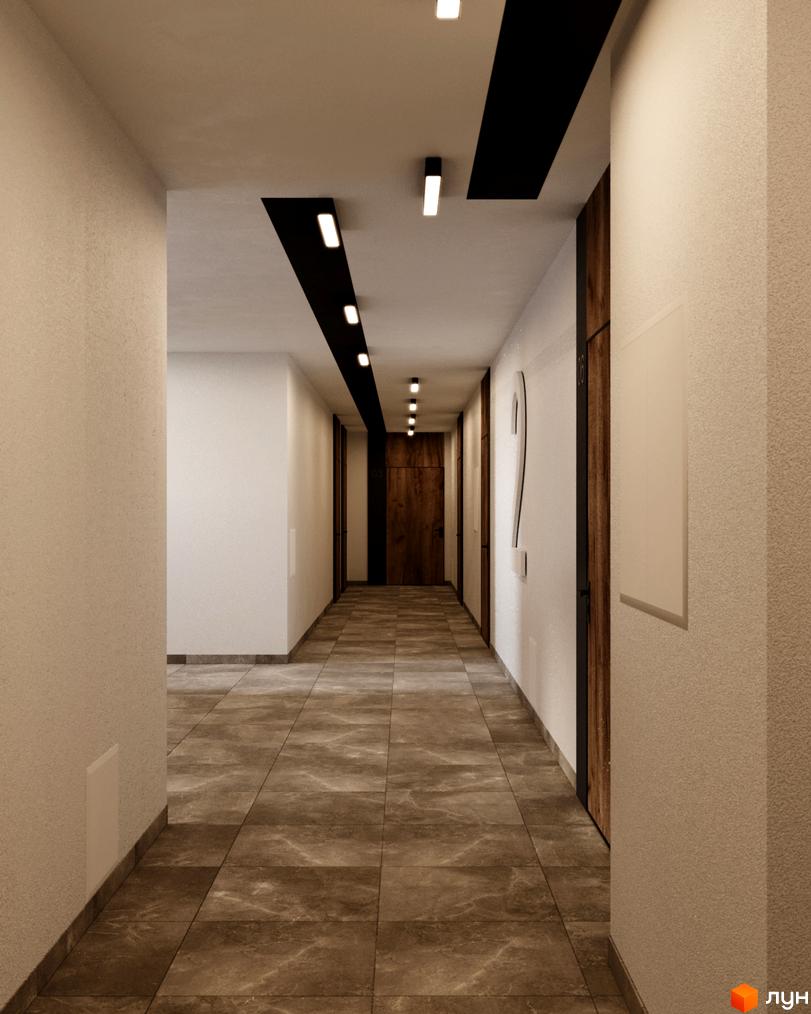 Сучасний коридор житлового комплексу City House з дерев'яними дверима та підлогою з плитки. Оздоблення стін та стелі в нейтральних тонах.