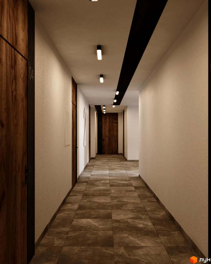 Інтер'єр коридору новобудови ЖК City House з дерев'яними дверима та плиткою на підлозі. Сучасне освітлення створює затишну атмосферу.