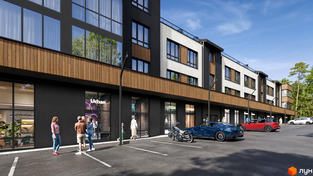 Житловий комплекс Author з фасадом з дерева та скла, з комерційними приміщеннями на першому поверсі та парковкою.