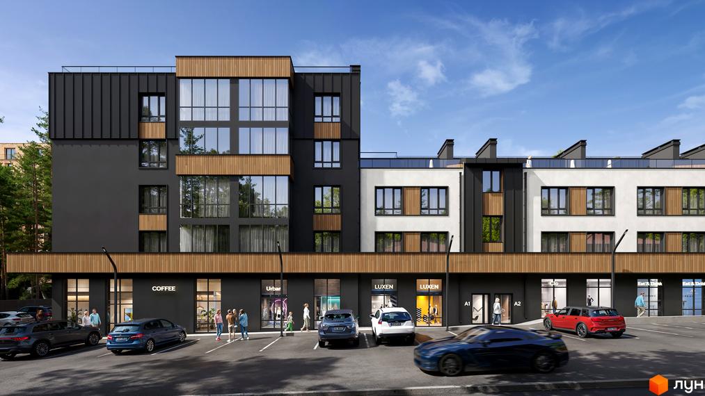 Новобудова Author з фасадами з дерева та темних панелей, великими вікнами та паркінгом перед фасадом. Навколо будівлі зелені насадження та блакитне небо.