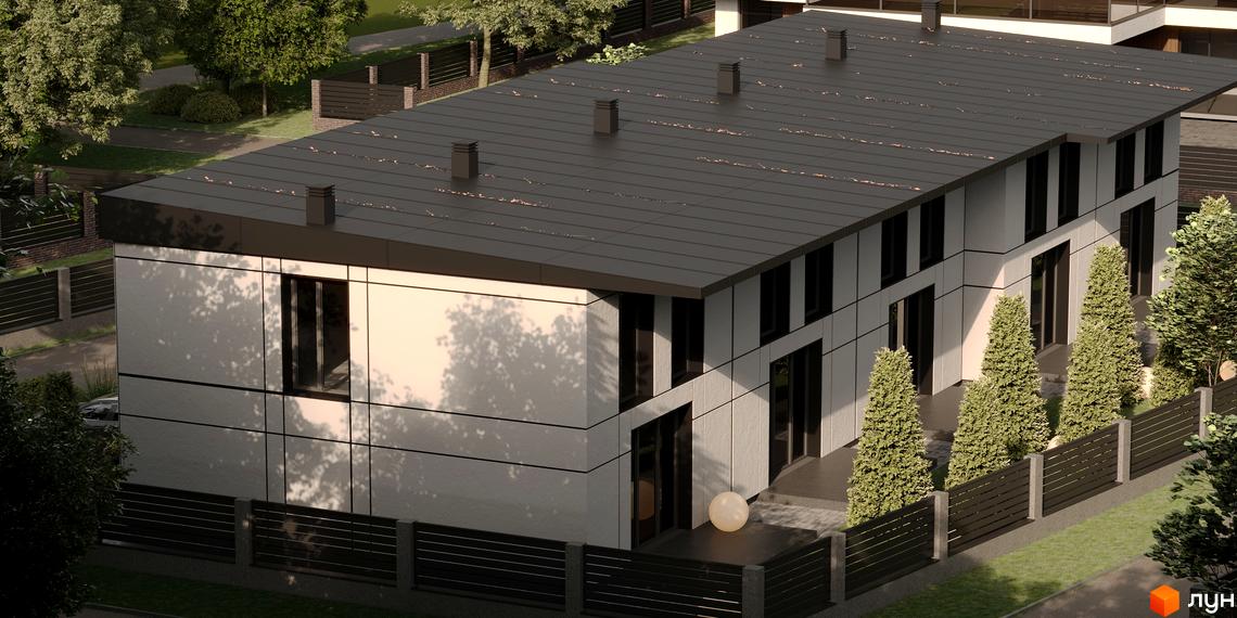 Зовнішній вигляд новобудови на вул. Червоної Калини, 1 з фасадом з білих панелей та чорним дахом. На прибудинковій території розташовані зелені насадження та паркан.