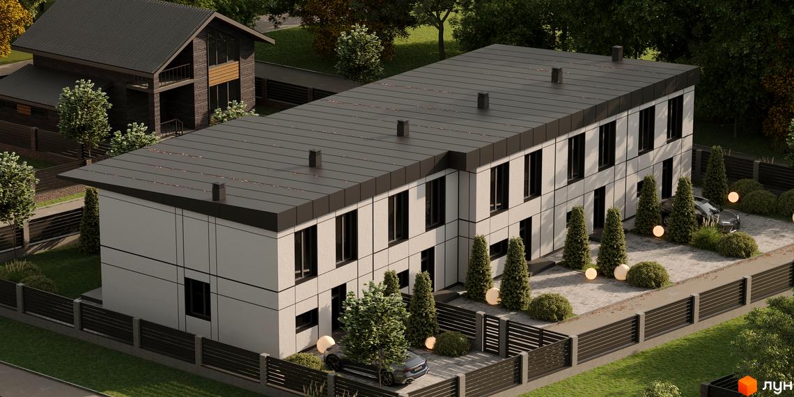 Сучасний житловий комплекс на вул. Червоної Калини, 1, з акуратним подвір'ям та зеленими насадженнями. Зовнішній вигляд будинку - білі фасади з темними вікнами та дахом.