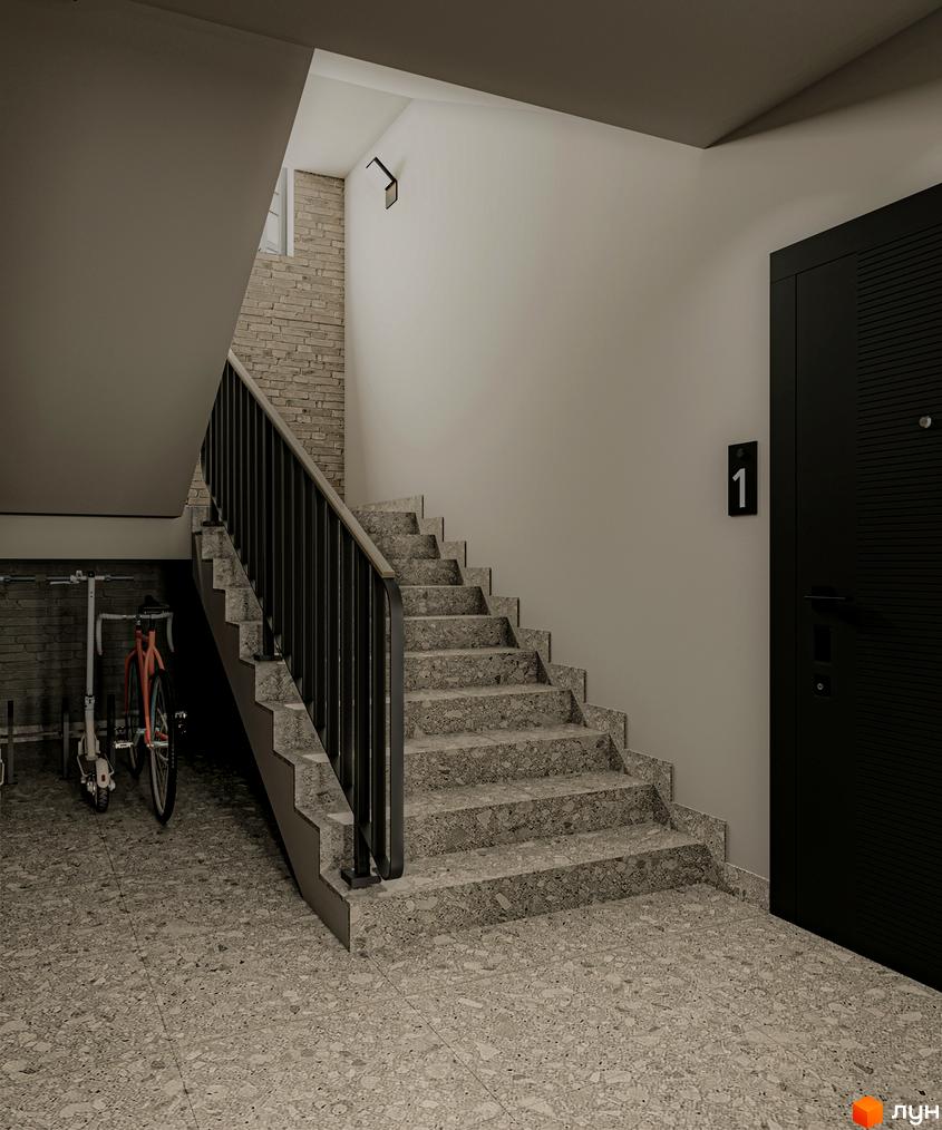 Новобудова Art Misto Smart: сходова клітка з ліфтом та зоною для зберігання велосипедів. Стильні сходи та сучасні двері створюють затишну атмосферу.
