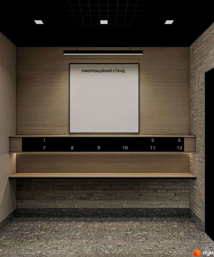 Інформаційний стенд з номерами 1-12 на фоні дерев'яної стіни в ЖК Art Misto Smart. Зовнішній вигляд новобудови з цегляною кладкою та підлогою з terrazzo.