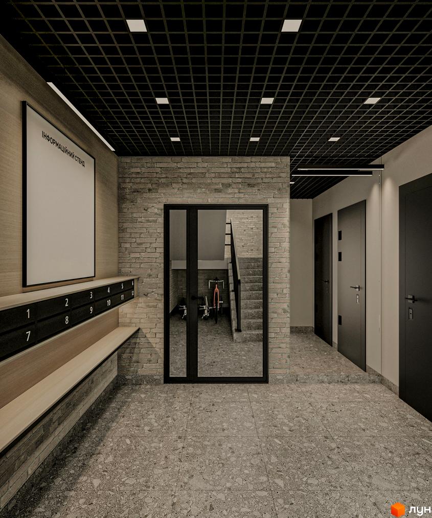 Вхідна група житлового комплексу Art Misto Smart з поштовими скриньками та дверима до сходової клітки. Сучасний дизайн та функціональність.