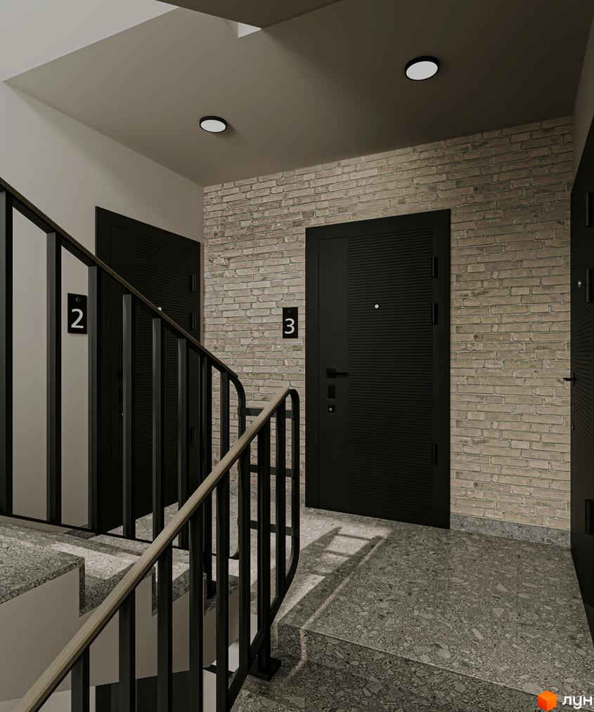 Зображення сходової клітки ЖК Art Misto Smart з дверима та цегляною стіною.
