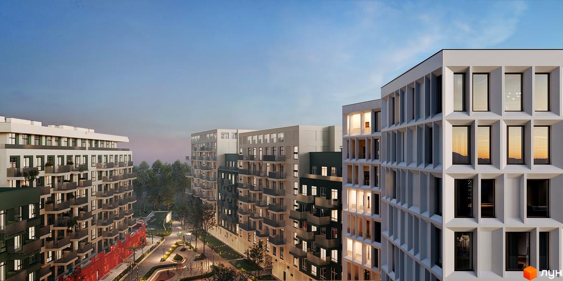 Житловий комплекс Felicity з багатоповерховими будинками та балконами, освітленою прибудинковою територією з деревами та парковою зоною.