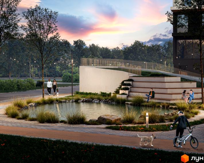 Житловий комплекс Felicity: сучасна архітектура та зелена прибудинкова територія з водоймою та зонами відпочинку.