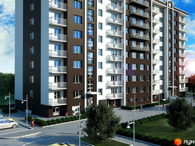 Житловий комплекс Вишнева оселя на вул. Червоноармійській. Сучасна новобудова з білими та коричневими фасадами, балконами та прибудинковою територією з деревами та парковкою.