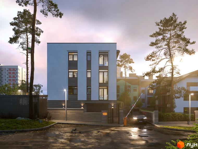 Житловий комплекс The9: фасади будівель з панорамними вікнами та прибудинкова територія з автоматичним шлагбаумом та деревами.