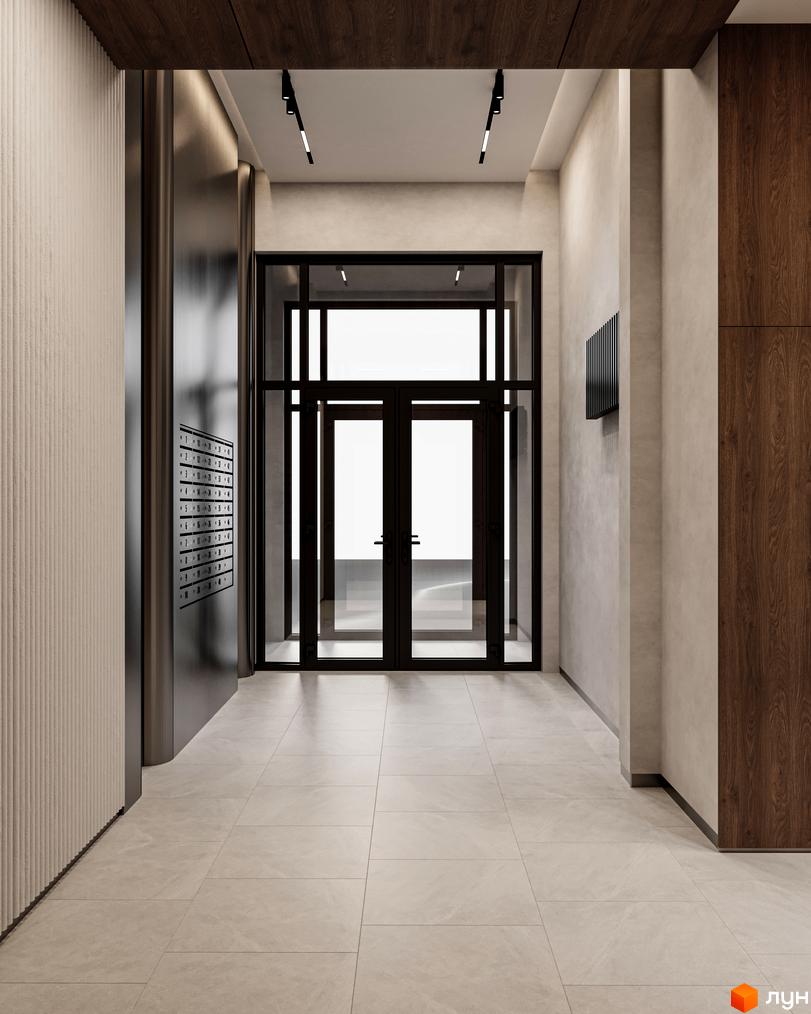 Сучасний вхід до ЖК Dnipro Island з великими скляними дверима та дерев'яними елементами. Просторий коридор з плиткою на підлозі та підсвічуванням.