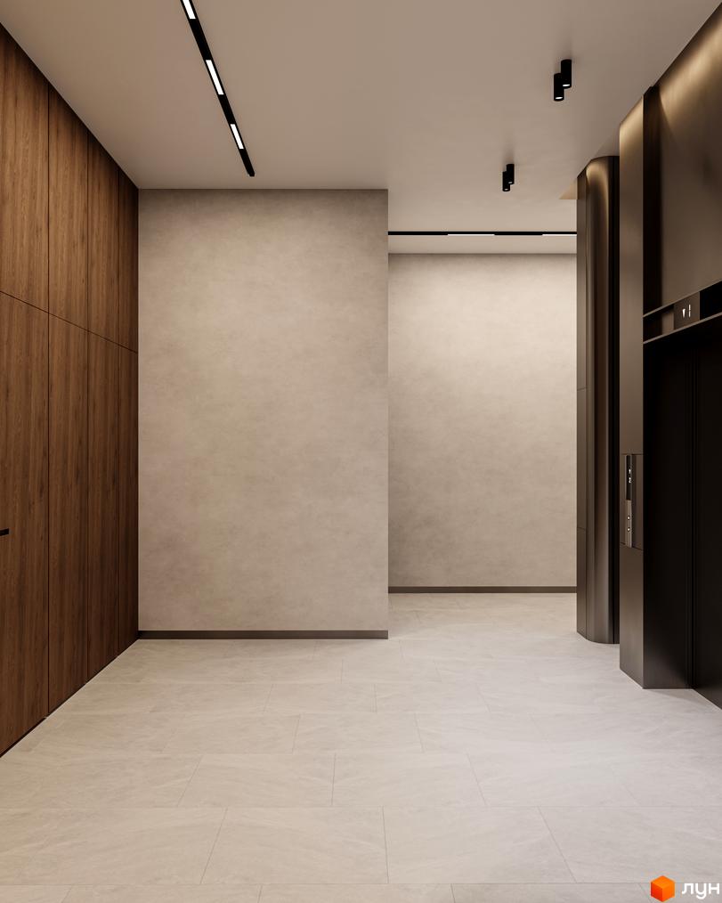 Сучасний дизайн холу ЖК Dnipro Island з дерев'яними панелями та підлогою з плитки. Елегантний вхід до ліфта з металевим оздобленням.
