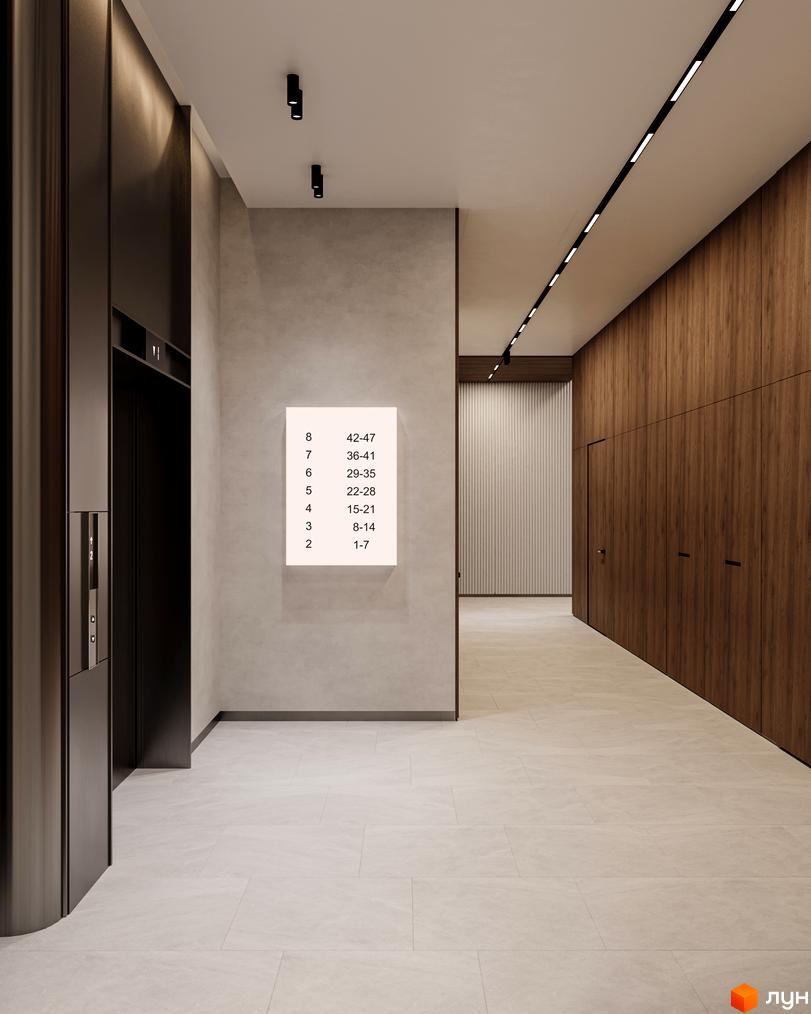 Сучасний інтер'єр холу житлового комплексу Dnipro Island з ліфтом та дерев'яними панелями. На стіні видно табличку з нумерацією квартир.