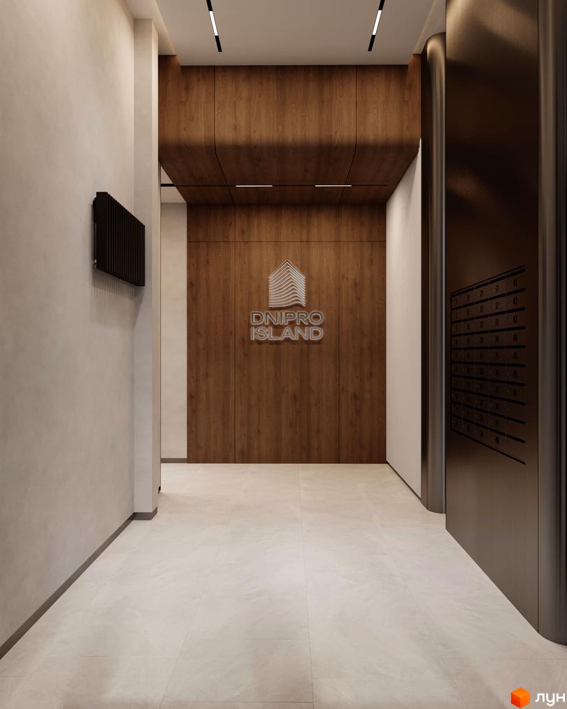 Сучасний вхід у житловий комплекс Dnipro Island з дерев'яними панелями та підсвічуванням. На стіні розташовані поштові скриньки.