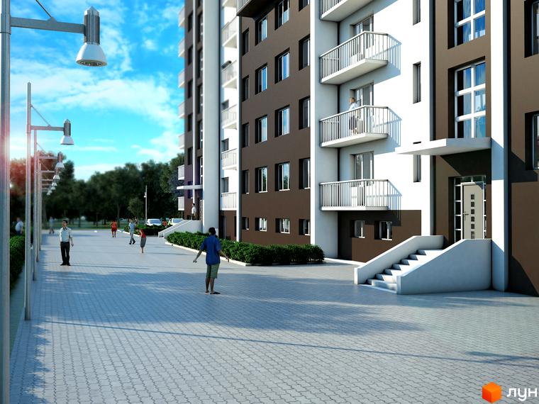 Зовнішній вигляд новобудови ЖК Вишнева оселя з балконами та сходовим маршем. Прибудинкова територія з пішохідною доріжкою та зеленими насадженнями.