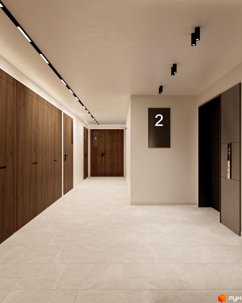 Сучасний коридор з дерев'яними дверима та ліфтом у житловому комплексі Dnipro Island. На стіні видно номер поверху 