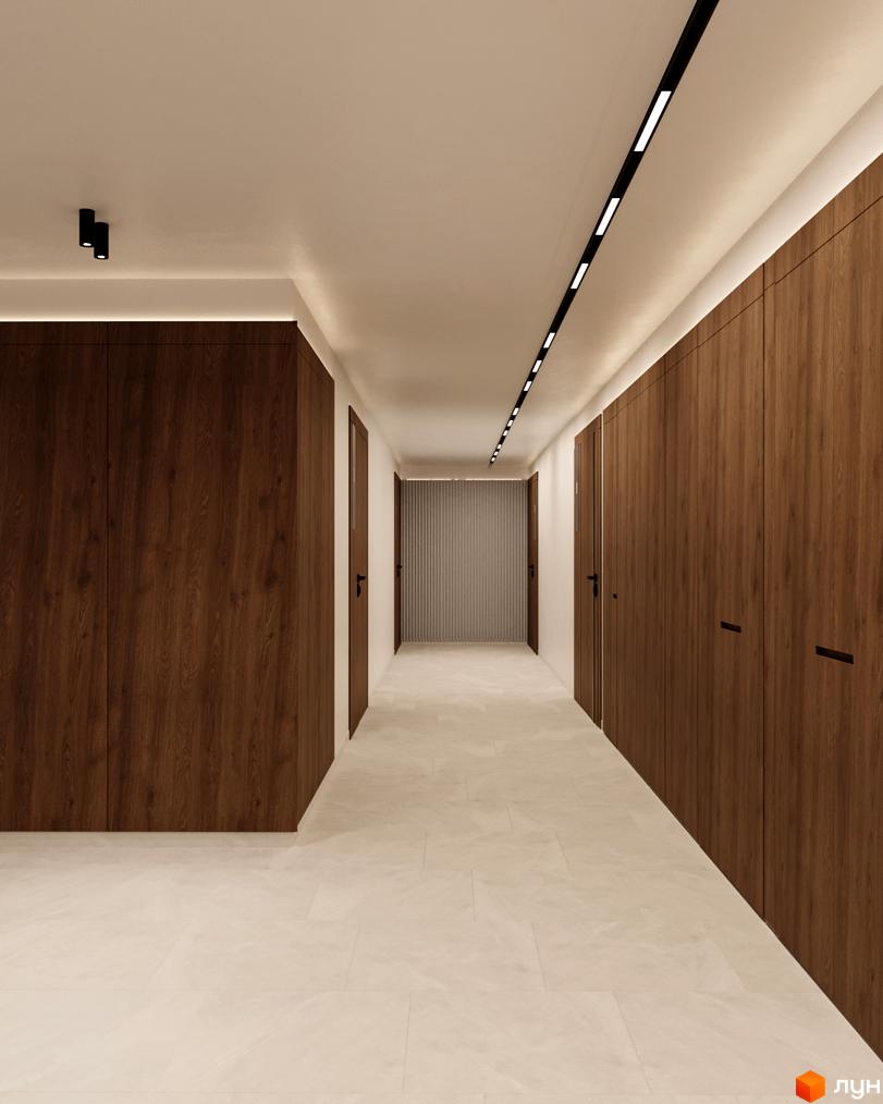 Сучасний коридор з дерев'яними панелями та лінійним освітленням у ЖК Dnipro Island. Підлога оздоблена світлою плиткою, що створює відчуття простору.