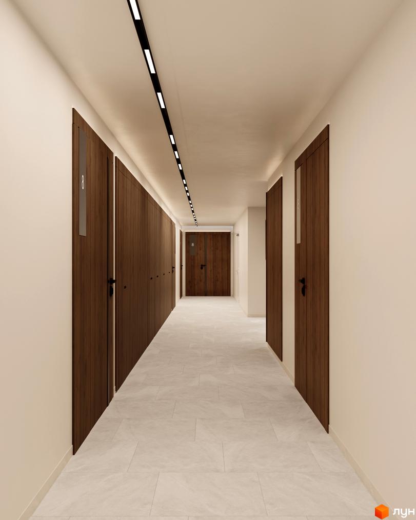 Коридор житлового комплексу Dnipro Island з дерев'яними дверима та плиткою на підлозі. Освітлення стелі створює затишну атмосферу.